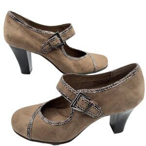 Aerosoles 9M Water Roll Taupe Comfort Pump MaryJane Snakeskin Trim Faux suede